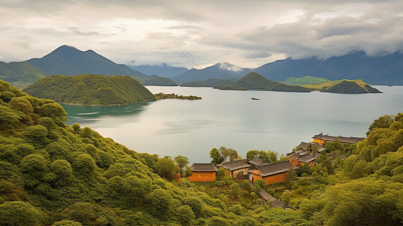 蓝天白云下山川美景与古老的建筑房子清新空气,高清,摄影图,摄影图片,图片大全,摄影图免费下载